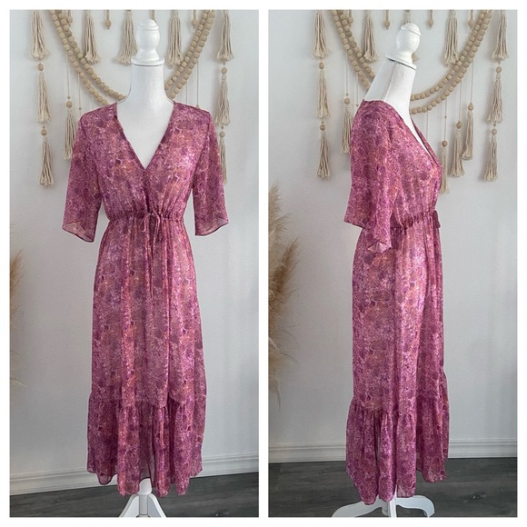 Amazon Dresses & Skirts - Boutique sheer ruffle v neck midi maxi dress burgundy purple pink Amazon medium